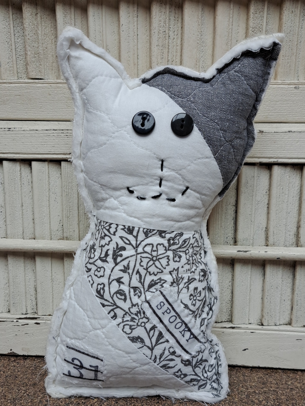 Handmade Spooky Cat Plush Toy - White and Gray